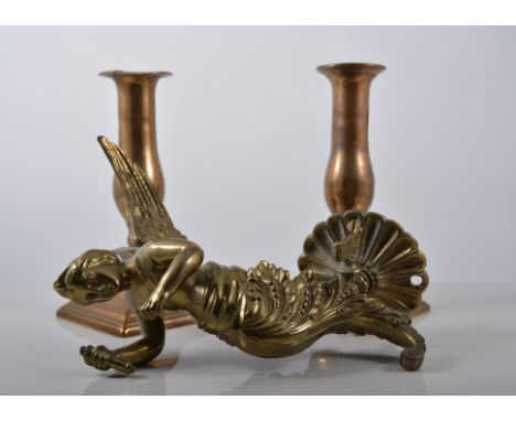 Pair of 19th Century plain baluster copper push up candlesticks, 16cm, single brass winged gas light fitting and a small grap