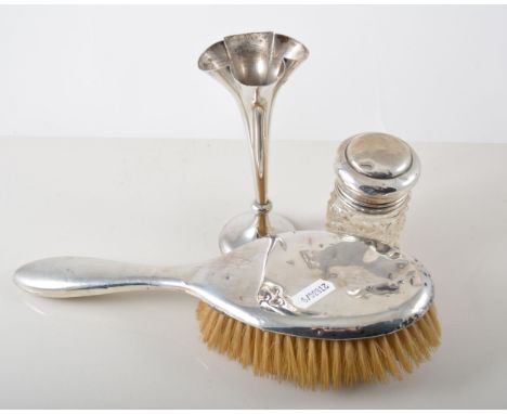 Silver specimen bud vase, filled base, 14cm, four silver coloured pin trays "800/835", two glass jars with silver covers, sil