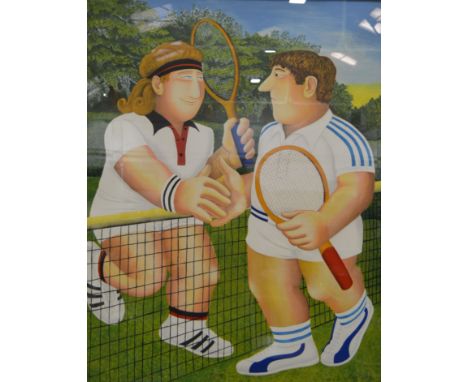 After Beryl Cook, a coloured serigraph print "Tennis", 86cm x 66cm, mounted with linen slips in a glazed gilt frame, with cer