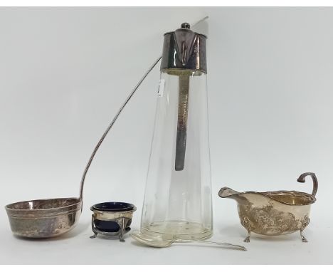 A quantity of various silver pieces, to include a ladle, spoon, gravy boat, and mustard pot with glass insert, together with 