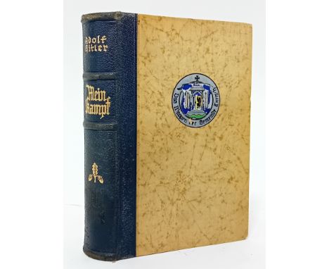 A Third Reich Adolf Hitler Wedding Type Mein Kampf, cream hardboard covers, blue leather spine covered with gilt tooled detai