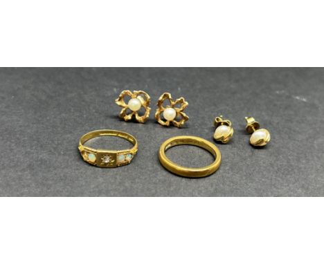 A 22ct gold wedding band ring approx 5g size L/M, 18ct gold opal and diamond ring approx 2.3g size N, together with two sets 