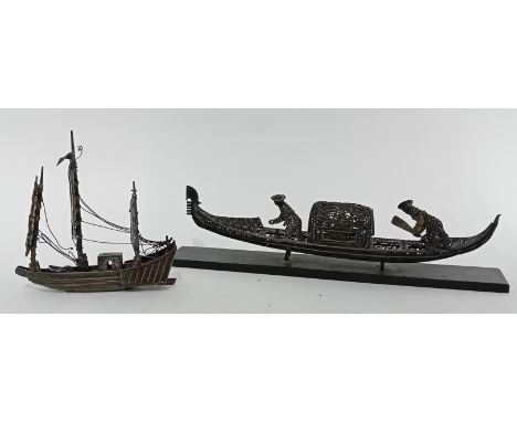 Two Chinese silver filigree boats, one on a wooden base. (2)