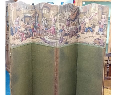 A four panel fabric screen, the top with woven 18th century tavern imagery, height 167cm, together with a large Victorian fir