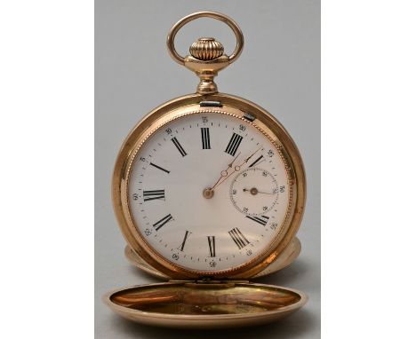 Goldene Taschenuhr, Schweiz, Perret et Fils, um 1890/ 1900Savonette-Gehäuse Rg 14 K, guillochiert, Monogrammkartusche ohne Mo