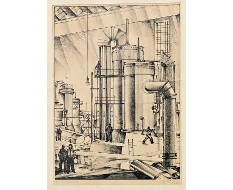 Undeutl. sign., tätig um 1920Inneres einer Werkhalle. 1920. Lithographie, sign., dat., betitelt "Turbinenfabrik", nu. Ex. 3/ 