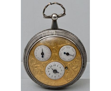 Taschenuhr, Schweiz, um 1820/30Gehäuse Silber, Randung und Lunette verziert, vergoldetes Zifferblatt mit Rankenwerk graviert,