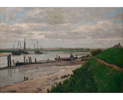 Hambüchen, Wilhelm. 1869-1939 DüsseldorfLandschaft am Niederrhein. Öl auf Leinwand auf Holzplatte, re. u. sign., 58,5 x 80 cm