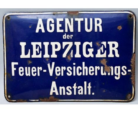 Emailleplakat "Agentur der Leipzier Feuer-Versicherungs-Anstalt", Deutschland, um 1905Rechteck mit gerundeten Ecken, bombiert