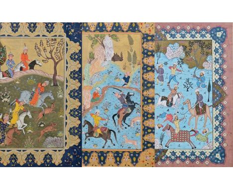 Miniaturmalerei, Indien, 20. Jh.Drei detailliert geschilderte, illustrative Szenen der Jagd nach wilden Tieren und von kriege