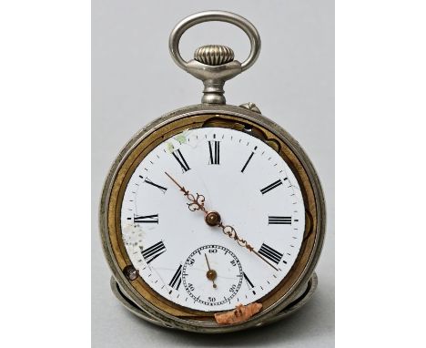 Taschenuhr in Übergehäuse, E. 19./ Anf. 20. Jh.Vernickeltes Gehäuse mit guillochiertem Rückdeckel mit vakanter Wappenkartusch