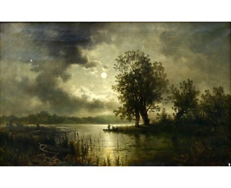Thoma, Josef. 1828-1899 WienStimmungslandschaft im Mondschein: zwei Jungen im Fischerkahn auf mondbeschienenem See. Öl auf Le