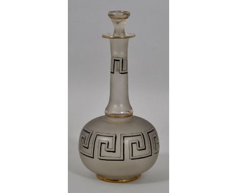 Karaffe, um 1919Glas mattiert, Mäanderdecor. Schiffstopfen, ausgeschliffener Abriß. H. 22 cm Glass carafe, enamel decoration 
