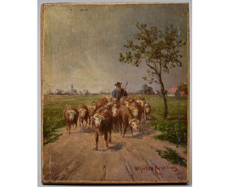 Müller-Cornelius, Ludwig. 1864 - 1946 MünchenSchäfer auf der Landstraße. Öl auf Holz, re. u. sign., 7,5 x 6,2 cm, verso Stemp