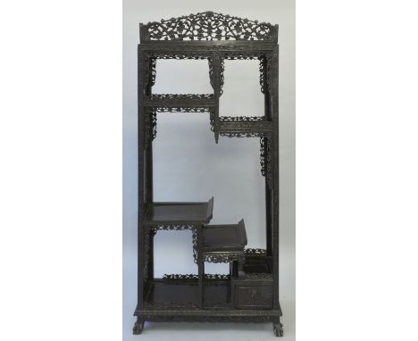 Regal, China, 19. Jh.Laubholz, schwarz gefasst, allseitig durchbrochenes, reich geschnitztes Gestell. 192 x 92 x 5 cm Shelf, 