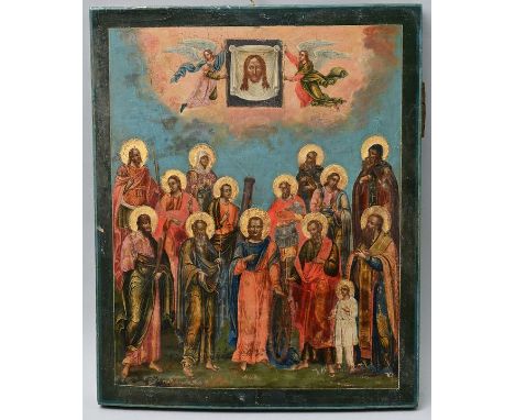 Ikone, russisch, Anf. 19. Jh.Versammlung von 14 Heiligen Märtyrern, im Himmel zwei Engel halten das nicht von Menschenhand ge