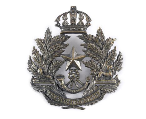 A Cameronians (The Scottish Rifles) Officer's Shako Badge with Battles honors to South Africa. 10cm x 9.5cm.  *CR:  Nice exam
