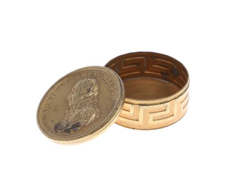 A pressed brass lidded circular box, the lid with a portrait, head and shoulders in uniform l. 'Admiral Lord Nelson', the sid