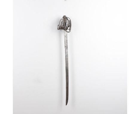 With a broad 75cm slightly curved pointed blade with double light fuller. with stamped mark to the blade. The basket hilt wit