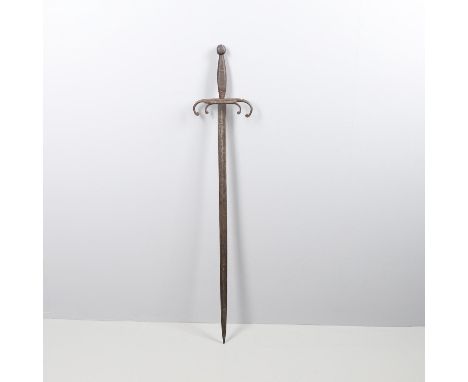 With a 96cm straight tapering blade with elaborate double 'crab claw' hilt with broad single side ring, wire wound handle and