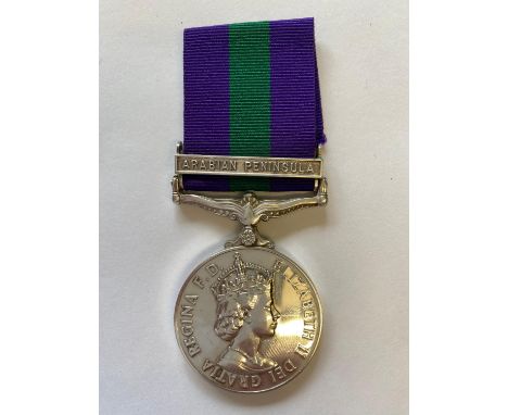 A General Service Medal 1918-1962 with Arabian Peninsula clasp named to 22803420 Pte H. French Northamptons.  *CR:  good cond