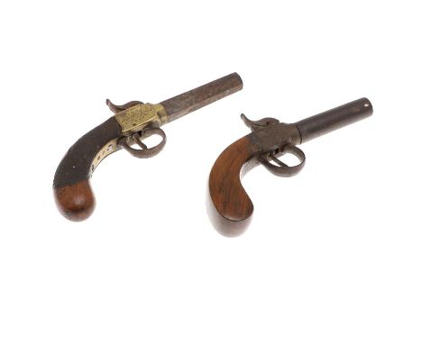 A pocket or waistcoat pistol with 7.5cm octagonal barrel and brass body with proof mark below and engraved sides, with percus