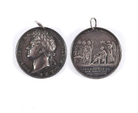 A silver medal, obverse with a raised laureate bust l. Georgius III D.G. ... Reverse George IV enthroned and crowned by Victo