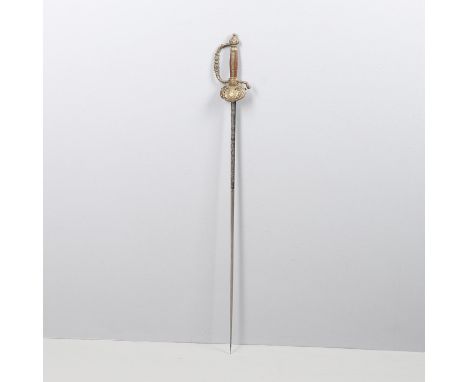 A fine late 19th century court sword with an 81cm narrow three-edged blade with foliate etched and blued decoration, marked H