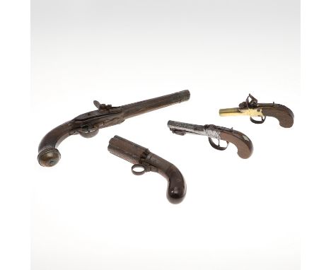 A continental pistol with 22cm octagonal barrel with scrolling decoration by the breech, with a flintlock action lacking hamm