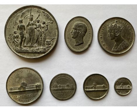 A collection of six white metal souvenir medals for the Great Exhibition of 1862 to include a 75mm medal by G. Dowler of the 