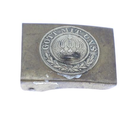 A First World War Prussian other ranks belt buckle, in brass and two part construction, 'Gott Mituns' around an arched crown.