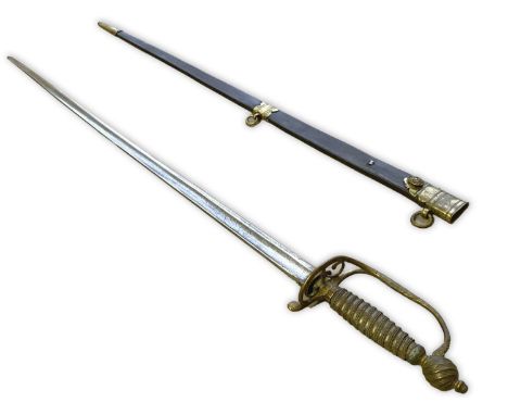 A sword with an 81cm pointed tapering fullered blade with sharpened edge, the blade with engraved decoration of early form GR