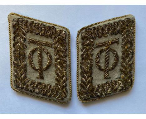 A pair of Second World War German 'Organisation Todt'  Collar Patches, possibly for the rank of General. Each embroidered wit