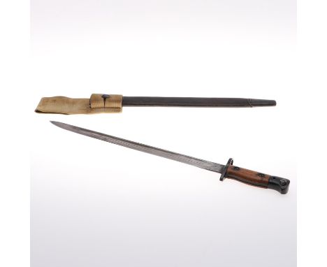 A 1907 Pattern bayonet with a 43cm pointed, single edged blade with fuller, marked to the ricasso with a Crown, 'Wilkinson' a