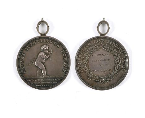 An early Royal Humane Society Award, obverse with a cherub protecting a flame 'Lateat Scintillula Forsan' established 1774, t