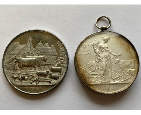 A frosted silver agricultural medal, the obverse with a female figure holding a cornucopia surrounded by animals and farm mac