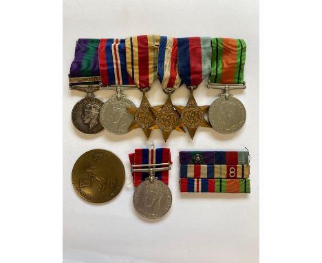 A Second World War Group of Six comprising a General Service 1918-62 Medal with Palestine clasp named to 7586847 Pte R.B. Why