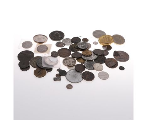 A varied collection of world medals and coins to include Chinese coins, a Gent 1914-15 enamelled pendant, White metal commemo