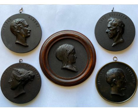 Five Bois Durci portrait roundels 'Victoria Queen of England', 'Prince Albert', 'Lord Brougham', 'Napoleon III Empereur' and 