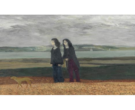 Richard Eurich R.A. (British, 1903-1992)Two Girls Trying to Catch a Dog signed and dated 'R. Eurich 79' (lower right)oil on b