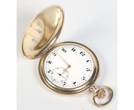 A gold filled full hunter pocket watch. With enamel dial, Arabic numeral markers and subsidiary seconds. Movement inscribed S