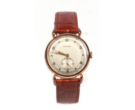 A gentleman's Cyma 14 carat gold and stainless steel manual wristwatch c1940s. With teardrop lugs, satin dial with subsidiary