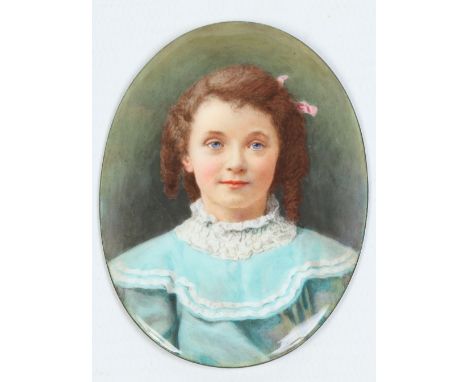 A Victorian enamel portrait miniature on concave copper plaque. Depicting a young girl with a pink ribbon in her hair and wea