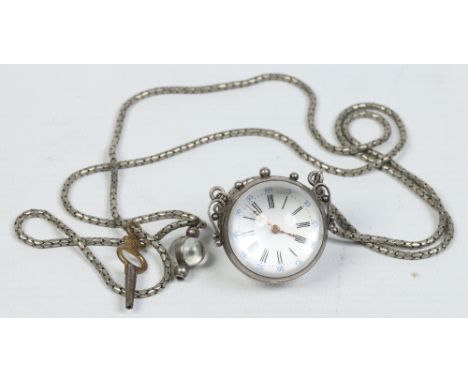 An early twentieth century French silver and crystal pendant watch on necklace stamped S. Fres & Cie. With enamel dial having