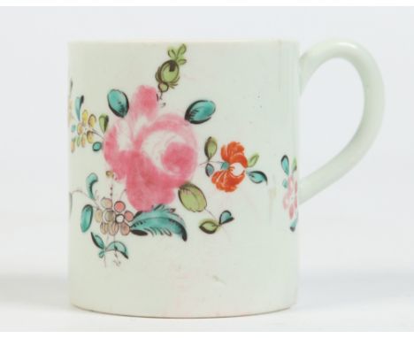 A Philip Christian Liverpool cylindrical coffee can with plain loop handle. Decorated in coloured enamels with a rose and oth