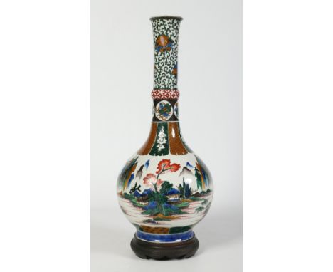 A large Japanese bottle vase on hardwood plinth. With tall knopped slender neck over a globular body. Decorated in coloured e