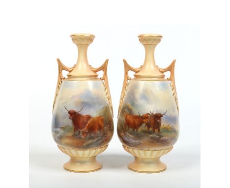 A pair of Royal Worcester twin handled mantel vases by Harry Stinton. Gilded over blush grounds and painted with highland cat