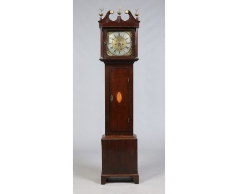 A George III oak eight day longcase clock by George Johnson, London. With open swan neck pediment and marquetry inlay. Having