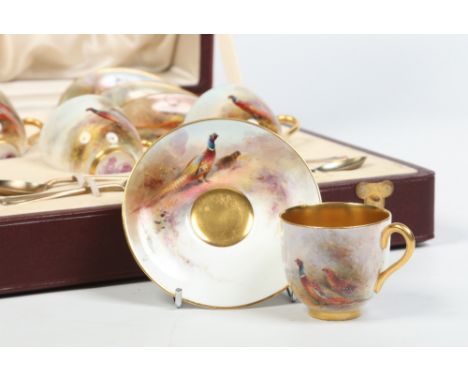 A cased Royal Worcester six place coffee set by James Stinton retailed by Harrods of London. Each cup and saucer enamelled wi