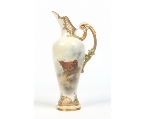 A Royal Worcester baluster shaped ewer by John Stinton. With pierced collar and scroll moulded handle. Painted with a pair of